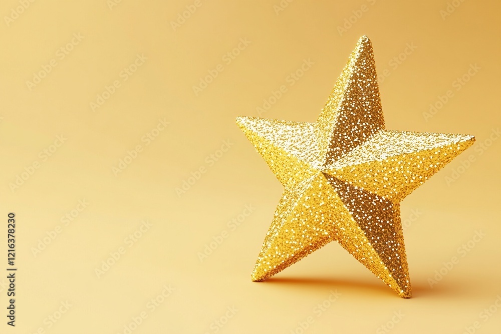 Golden Glitter Star: Sparkling Decoration on Yellow Background, Festive Symbol, Shimmering Ornament, Bright Holiday Decor, Celebration Star Golden Glitter Star: Sparkling Decoration on Yellow Background, Festive Symbol, Shimmering Ornament, Bright Holiday Decor, Celebration Star