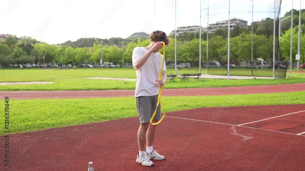 Vertical video of a young caucasian man warming up with resistance elastic band outdoors in a running track Vertical video of a young caucasian man warming up with resistance elastic band outdoors in a running track