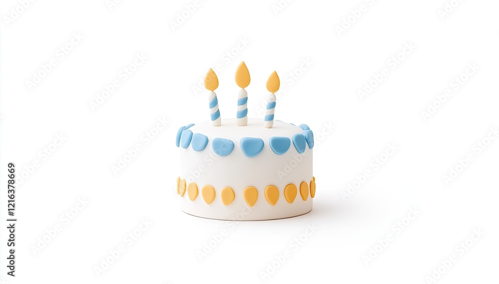 A colorful birthday cake with blue and yellow decorations and three lit candles on a white background A colorful birthday cake with blue and yellow decorations and three lit candles on a white background