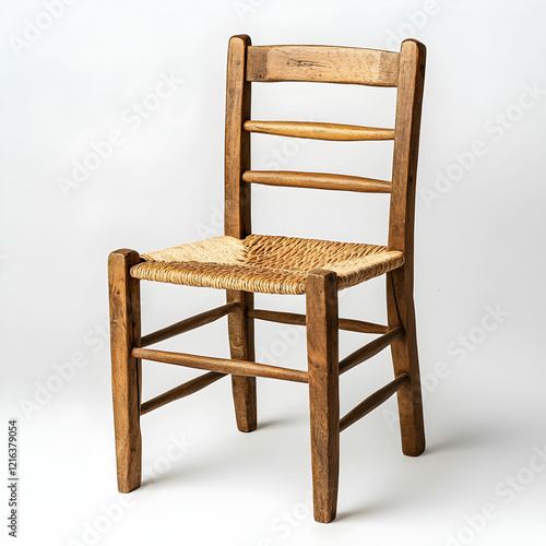 A classic wooden ladderback chair with woven seat, isolated on a clean white background, showcasing its timeless design photo