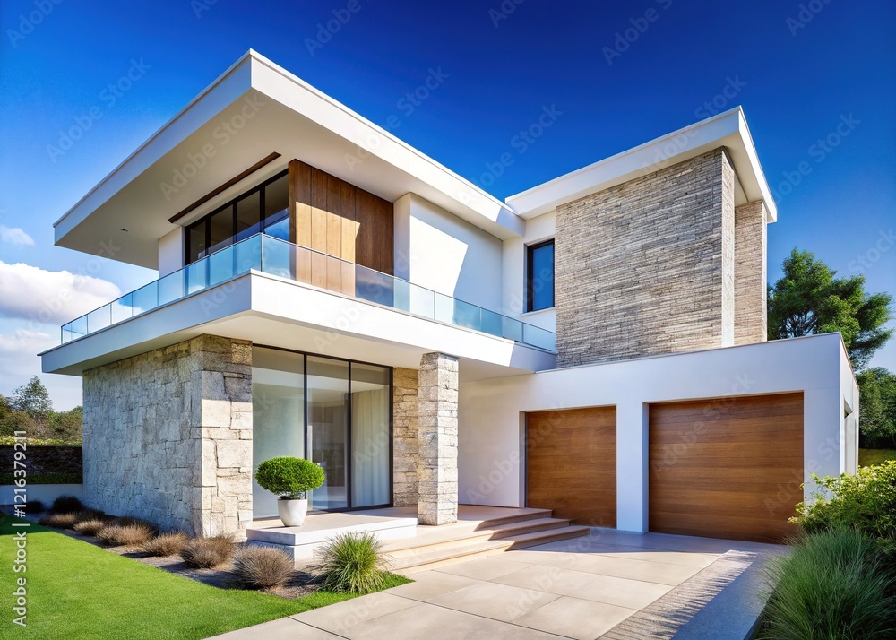 White minimalist house, stone facade, artful thirds. White minimalist house, stone facade, artful thirds.