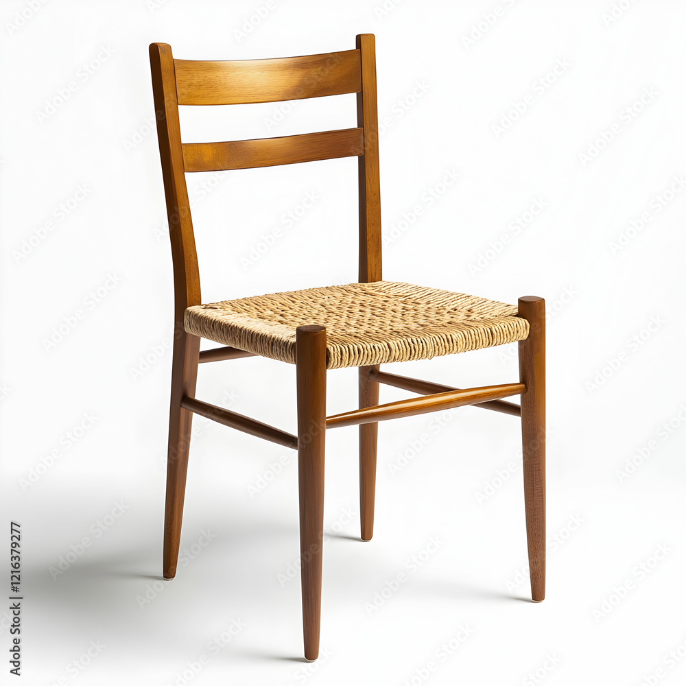 A classic wooden ladderback chair with woven seat, isolated on a clean white background, showcasing its timeless design A classic wooden ladderback chair with woven seat, isolated on a clean white background, showcasing its timeless design