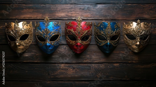 Venetian Masks on Dark Wood: Five ornate Venetian masks in gold, blue, and red, arranged in a row on a dark brown wooden background.  The masks exhibit intricate designs and a mysterious allure. photo