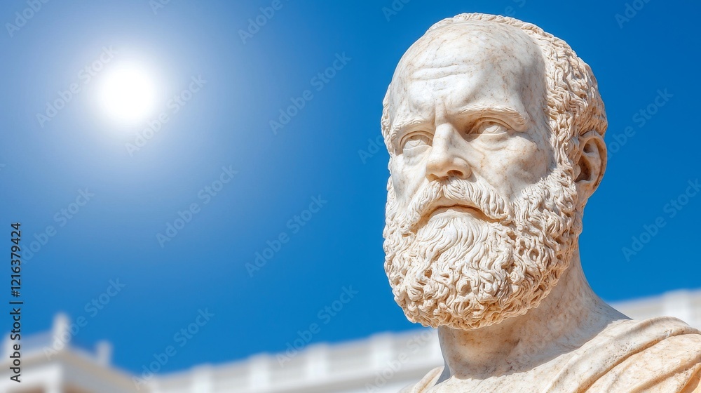 Obraz premium Ancient Greek Philosopher Statue in Bright Sunlight with Clear Blue Sky Backdrop