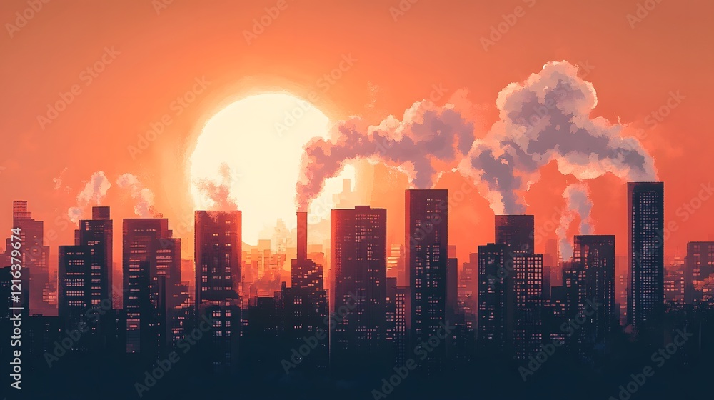 Fototapeta premium Smoky silhouettes of a city skyline against a vibrant sunset backdrop