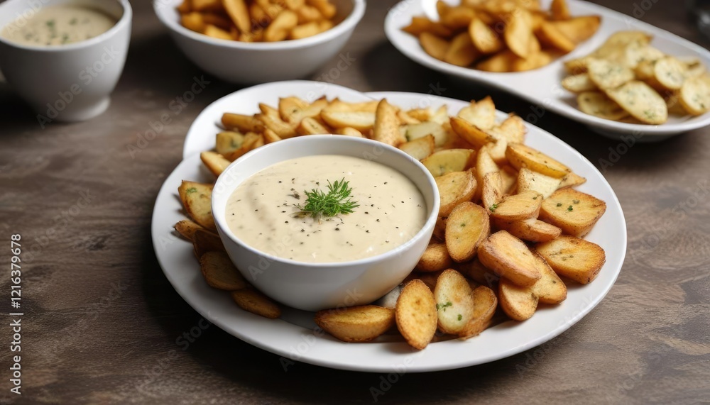 A bowl of creamy dipping sauce next to a plate of fresh fish fillet and crispy fried potatoes, fish and fries, sauce accompaniment A bowl of creamy dipping sauce next to a plate of fresh fish fillet and crispy fried potatoes, fish and fries, sauce accompaniment