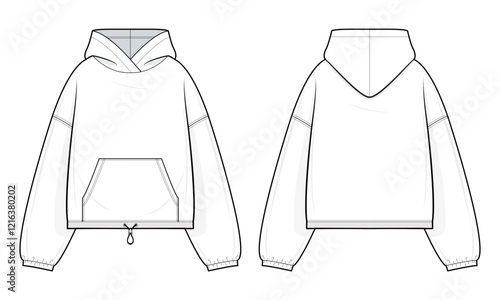 Hooded jacket Technical Fashion Illustration. Oversized-Fit Hoodie with Kangaroo Pocket and Garterized Cuffs and drawstring Hem vector template. Casual street wear. Unisex. CAD Mockup Set.