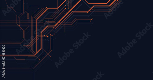Orange circuit diagram on dark blue background. digital circuit board technology background for internet connectivity concept.	