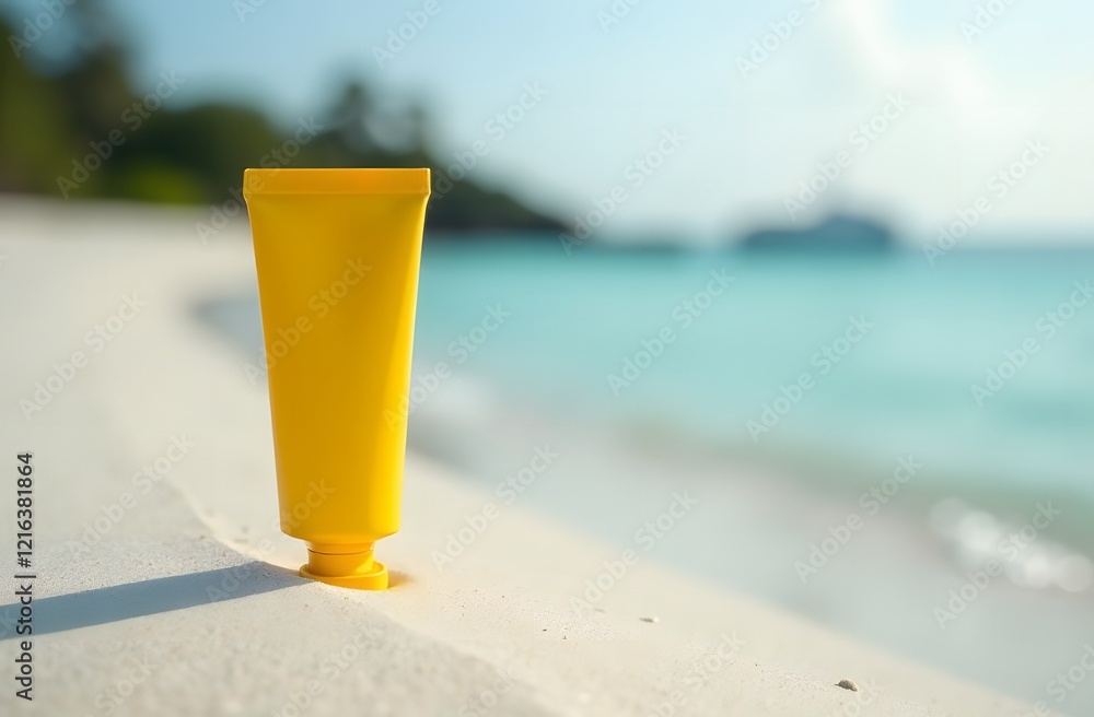 empty cosmetic skin care cream or sun block on sand beach with sea side background travel vacation accessory empty cosmetic skin care cream or sun block on sand beach with sea side background travel vacation accessory