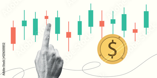 Contemporary Halftone Collage Hand for investments concept, marketing, trading. Online Stock banner with finance elements, coins, money. Vertical invest or business poster. Vector illustration.