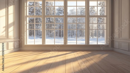 a room with a large window and a wooden floor