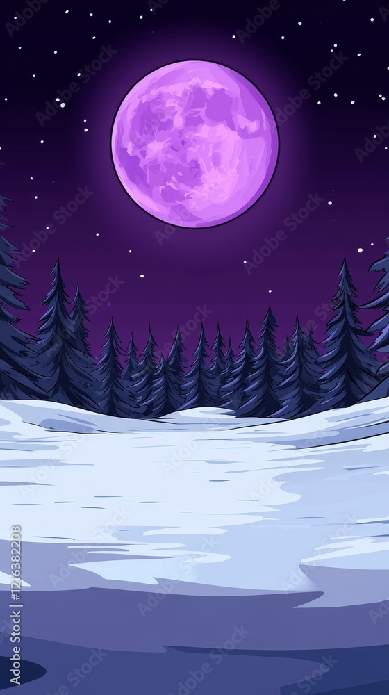 Fototapeta premium Pixelated Purple Moon Illuminating a Snowy, Silhouetted Winter Forest at Night