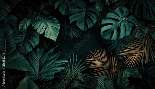 Evocative tropical plants in deep colors for a vibrant, mysterious feel.