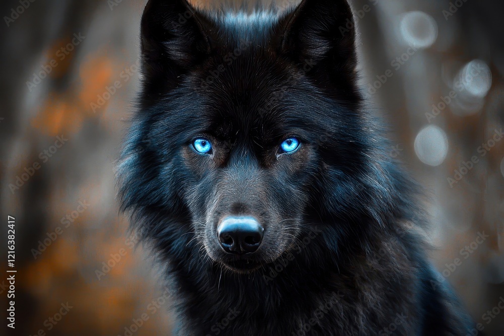 A striking black wolf with captivating blue eyes. A striking black wolf with captivating blue eyes.