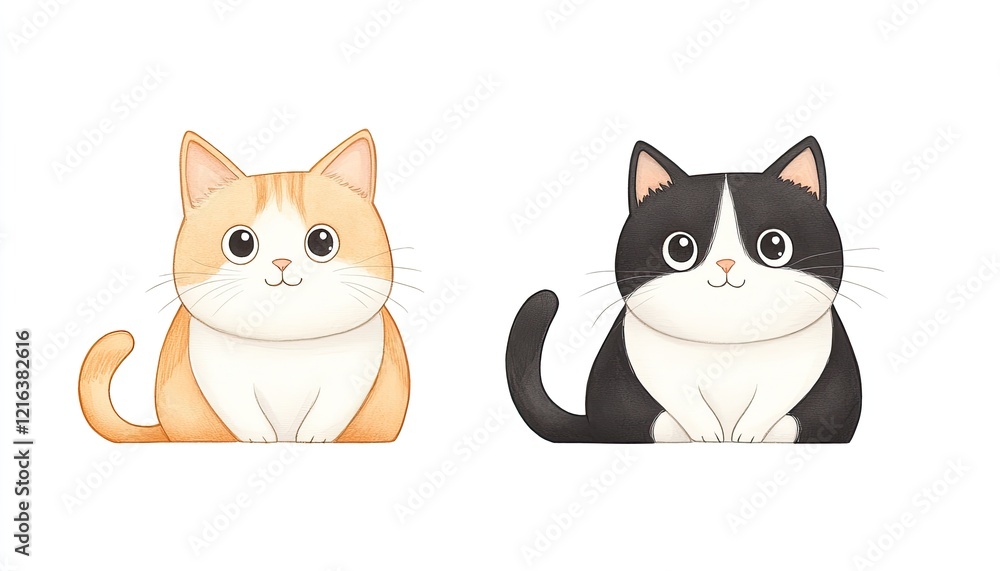 Two adorable cartoon cats, one orange and one black and white, sitting side by side on a white background Two adorable cartoon cats, one orange and one black and white, sitting side by side on a white background