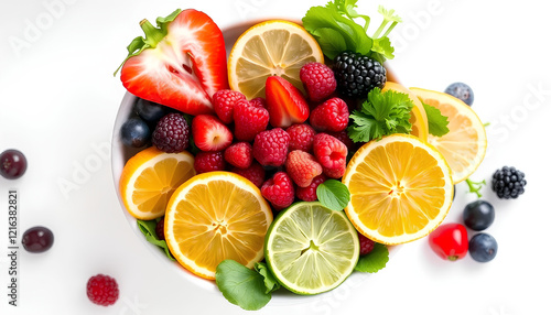 A fresh assortment of fruits and berries including oranges, lemons, apples, strawberries, kiwis, and more, perfect for a healthy, refreshing juice photo