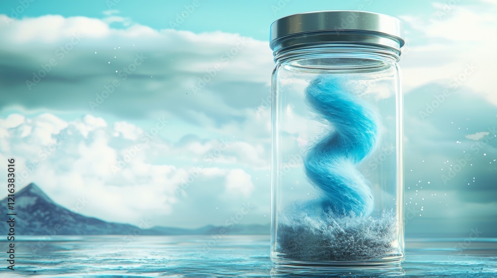 Obraz premium Swirling blue lines trapped in a glass jar against a stunning tranquil background