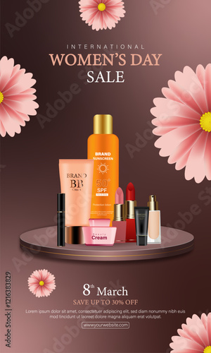 Beauty cosmetics sale offer vertical design for International Women's Day, cosmetic products on podium vector template design.