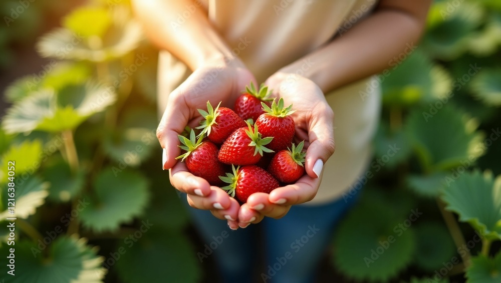 Hands Holding Organic Strawberries in a Garden Hands Holding Organic Strawberries in a Garden