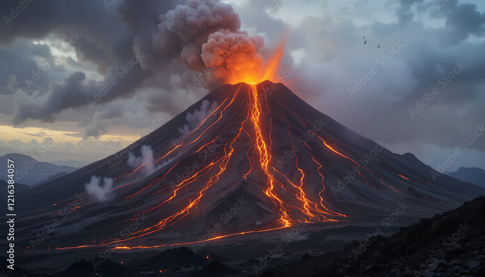 Fototapeta premium Fiery Rivers: Volcanic Eruption Illuminates Twilight Sky