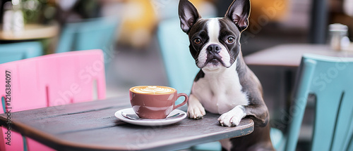 Charming Boston Terrier Relaxing on a Cafe Patio Table Enjoying the Outdoors with a Scenic View Perfect for Pet Lovers and Dog Enthusiasts Seeking Cozy Moments