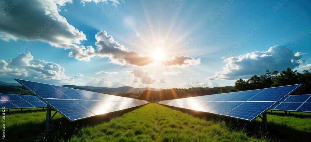 custom made wallpaper toronto digitalSolar panels stand in sunny landscape. Green grass, trees visible in background. Blue skies with fluffy clouds above. Sunlight shines brightly on panels. Clean eco-friendly renewable energy tech