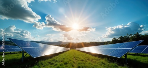 Solar panels stand in sunny landscape. Green grass, trees visible in background. Blue skies with fluffy clouds above. Sunlight shines brightly on panels. Clean eco-friendly renewable energy tech photo