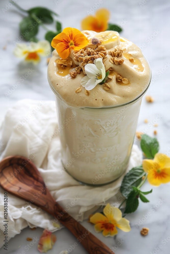 A vibrant floral smoothie topped with granola and edible flowers, showcasing nature's beauty in a refreshing drink. A vibrant floral smoothie topped with granola and edible flowers, showcasing nature's beauty in a refreshing drink.