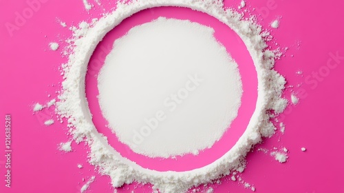 White powder is spread out in a circle on a pink background. The circle is large and the powder is spread out evenly. The pink background creates a soft and calming atmosphere photo