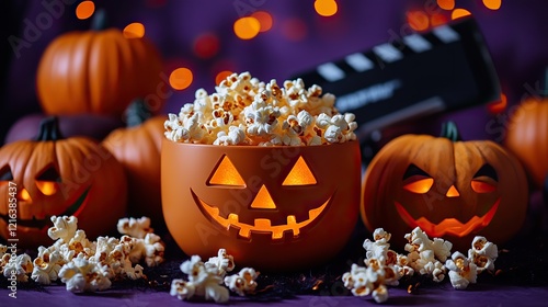 Halloween-themed flat lay with popcorn, decorations, and a movie clapper on a purple background