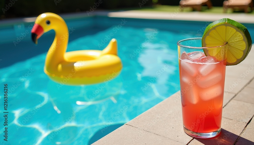 Obraz premium Poolside Refreshment Paradise: Pink Cocktail, Lemon Slice, and Flamingo in the Water