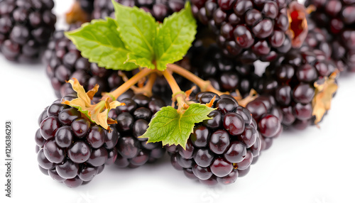 A bunch of ripe blackberries on a branch and grapes on a vine with fresh leaves