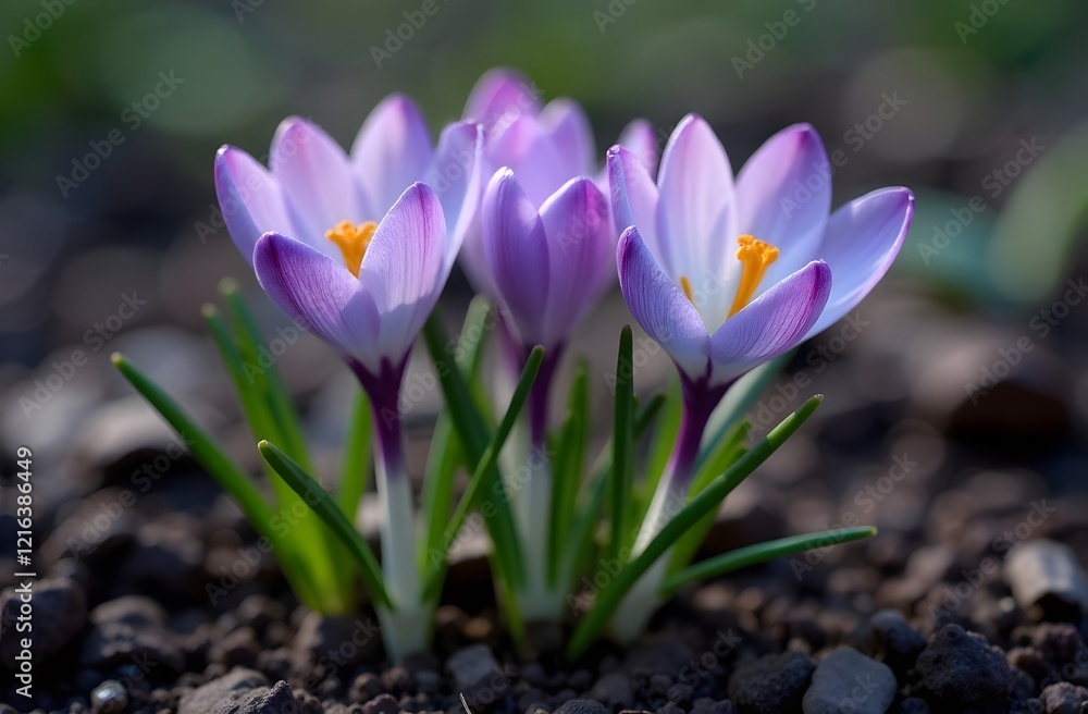 View of blooming spring flowers crocus growing in wildlife. Purple crocus growing. View of blooming spring flowers crocus growing in wildlife. Purple crocus growing.
