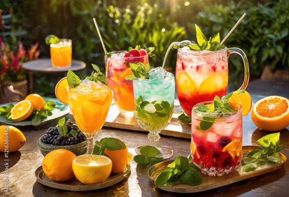 Fototapeta premium colorful splash vibrant iced beverages fresh ingredients garnishes captured refreshing scene, blue, green, cold, drink, cocktail, fruit, citrus, lemon, lime