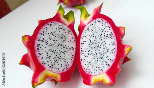 A fresh, ripe dragon fruit with pink skin and white flesh, showing seeds inside, isolated on a white background