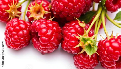 Fresh ripe raspberries on white and green backgrounds