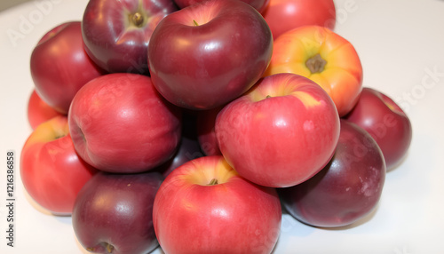 Fresh red and yellow apples on a white plate