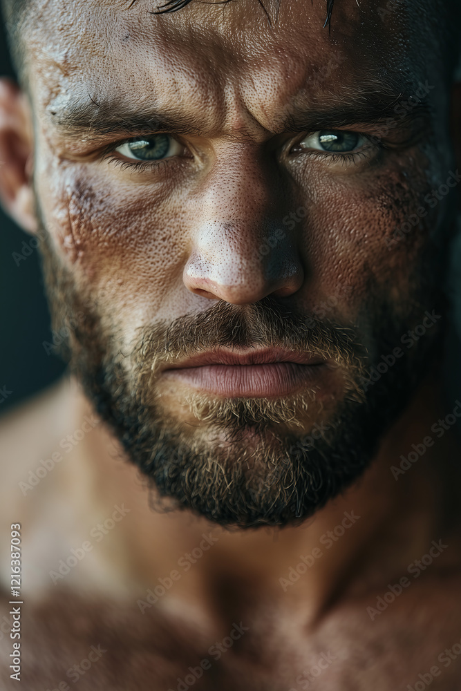 Intense portrait of a rugged fighter reflecting resilience and determination after a challenging match Intense portrait of a rugged fighter reflecting resilience and determination after a challenging match