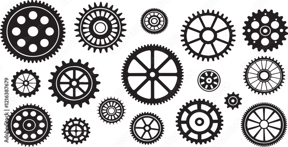 Collection of gear and cogwheel vector designs for engineering, technology, or industrial themes, ideal for mechanical and technical illustrations Collection of gear and cogwheel vector designs for engineering, technology, or industrial themes, ideal for mechanical and technical illustrations