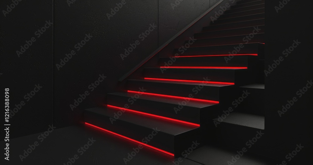 A modern staircase illuminated with red LED lights against a black background. A modern staircase illuminated with red LED lights against a black background.