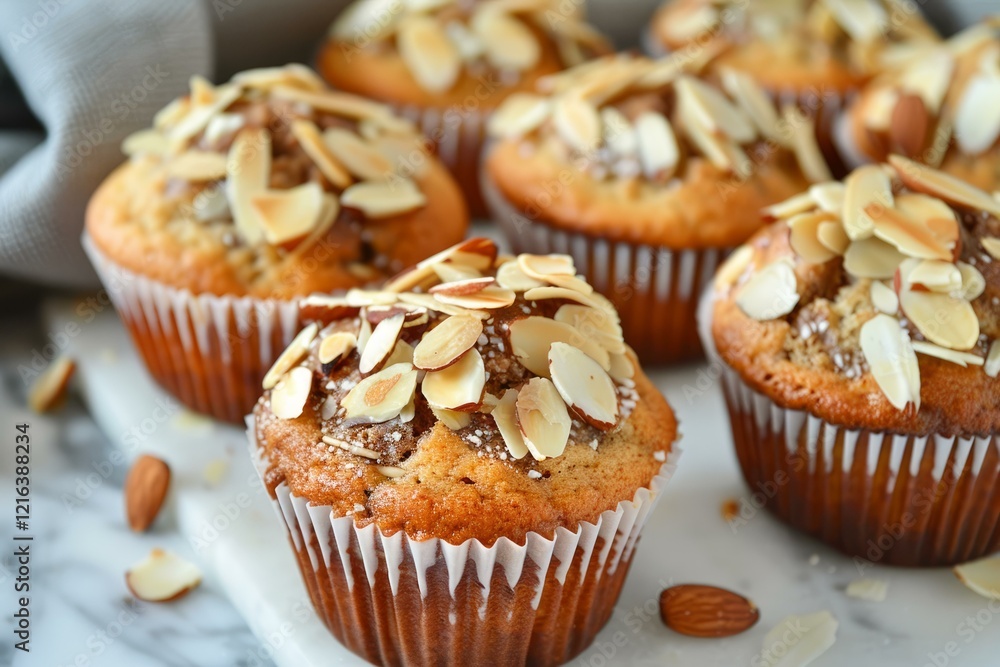 Freshly baked almond muffins cooling on a marble surface, perfect for breakfast or a snack Freshly baked almond muffins cooling on a marble surface, perfect for breakfast or a snack