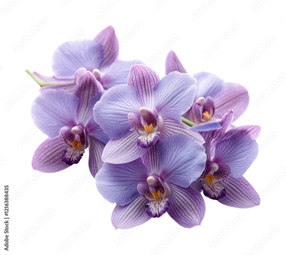 Delicate purple orchids bloom gracefully, showcasing intricate textures and colors in a serene floral arrangement isolated on transparent background Delicate purple orchids bloom gracefully, showcasing intricate textures and colors in a serene floral arrangement isolated on transparent background