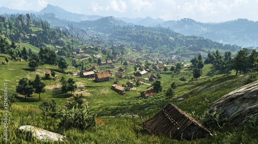 Rural mountain village scenic landscape, summer Rural mountain village scenic landscape, summer