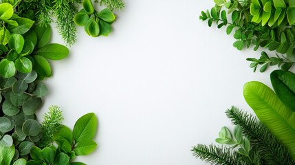 Green leafy border surrounds a white background. The border is made up of various types of leaves, including eucalyptus and palm leaves