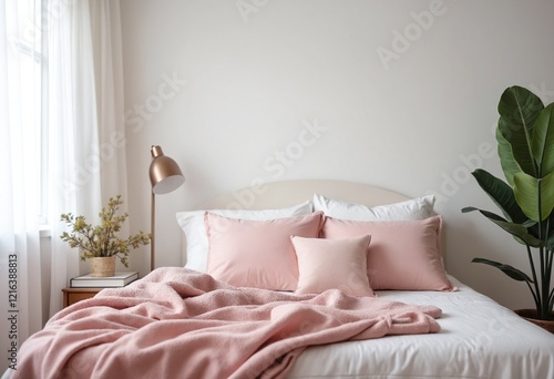 Light, cute and cozy home bedroom interior with unmade bed, pink plaid and cushions on empty white wall background