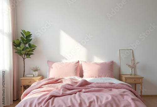 Light, cute and cozy home bedroom interior with unmade bed, pink plaid and cushions on empty white wall background