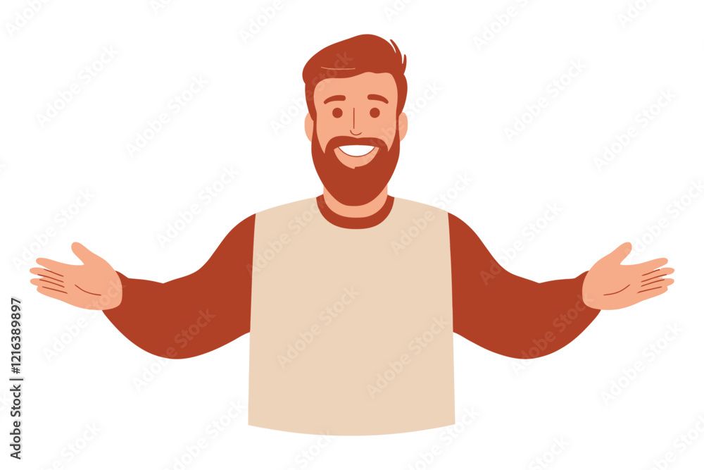Smiling Bearded Man with Open Arms in Casual Red Sweater Illustration Smiling Bearded Man with Open Arms in Casual Red Sweater Illustration