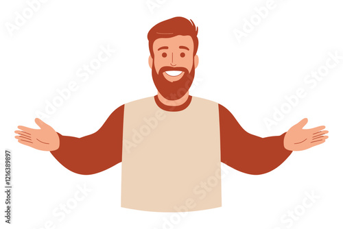 Smiling Bearded Man with Open Arms in Casual Red Sweater Illustration