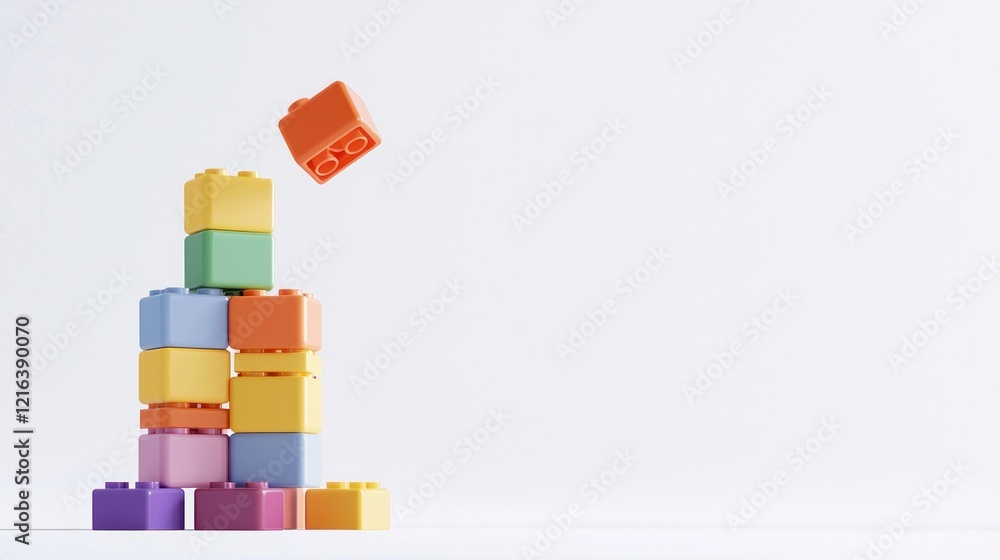 Obraz premium Tower of colorful toy blocks with one falling against a white background.