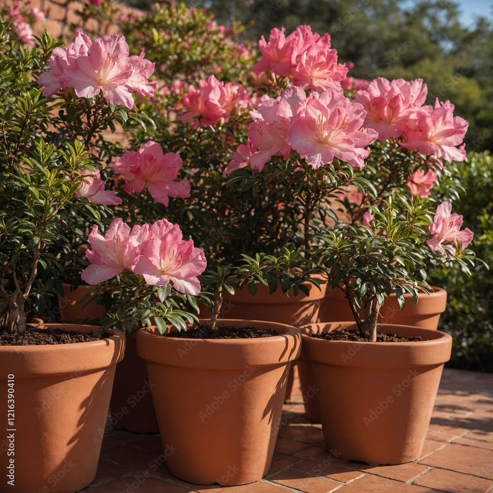Azalea roses growing in terracotta pots on a patio with a clear background. Azalea roses growing in terracotta pots on a patio with a clear background.